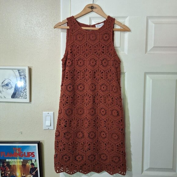 Evereve Brooklyn Crochet Dress brown brick Fall Cocktail Dress pockets Size X - Picture 2 of 8